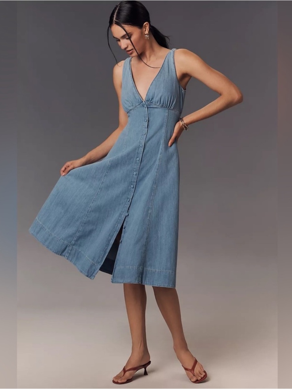 Reformation Blue Denim Button-Front Midi Dress